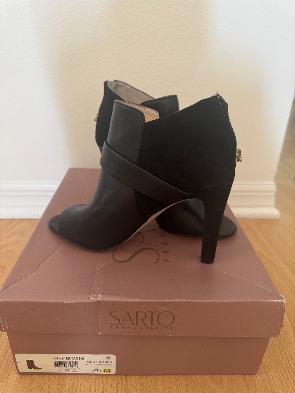 SARTO By Franco Sarto Black Peep-Toe Heeled Booties with Gold Accent - Picture 3 of 6